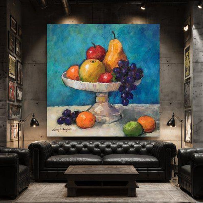 Classic Fruit Still Life Canvas Art, Grapes Pear Apple Kitchen Decor Painting image 7