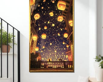 Lantern Festival Night, Sky Lanterns Art, Magical Evening Canvas, Festival Wall Decor, Ready to Hang Art
