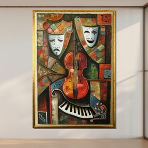 Abstracte canvaskunst viool en piano: komedie en tragediemaskers