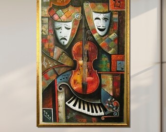 Abstract Violin -Piano Canvas Art: Comedy Tragedy Masks