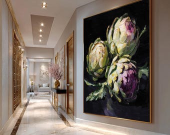 Artichoke Still Life Canvas, Floral Impasto Painting, Gourmet Kitchen Decor (Ready to Hang)