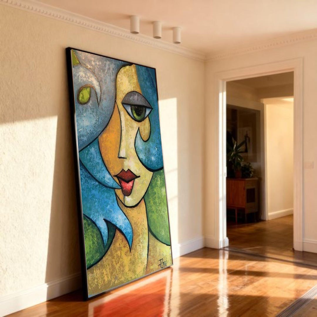 Abstract Woman Portrait Canvas, Cubist Face Painting, Modern Wall Art ...