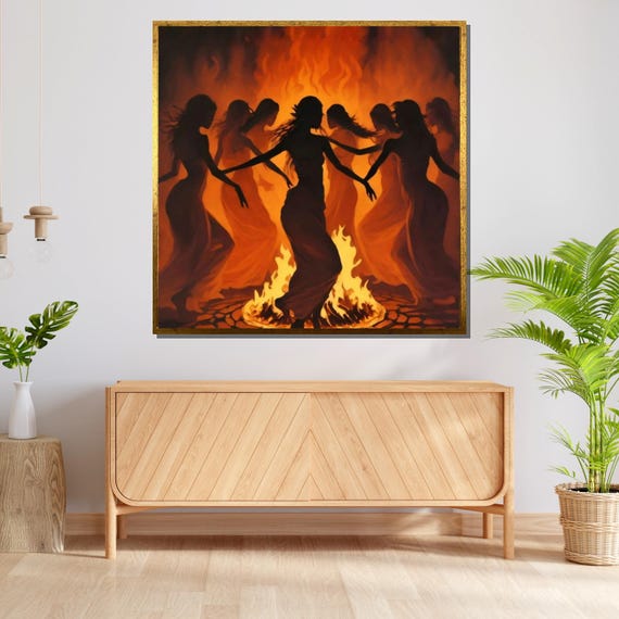 Fire Dance Ritual Canvas: Mystic Women Tribal Art, Ready to Hang