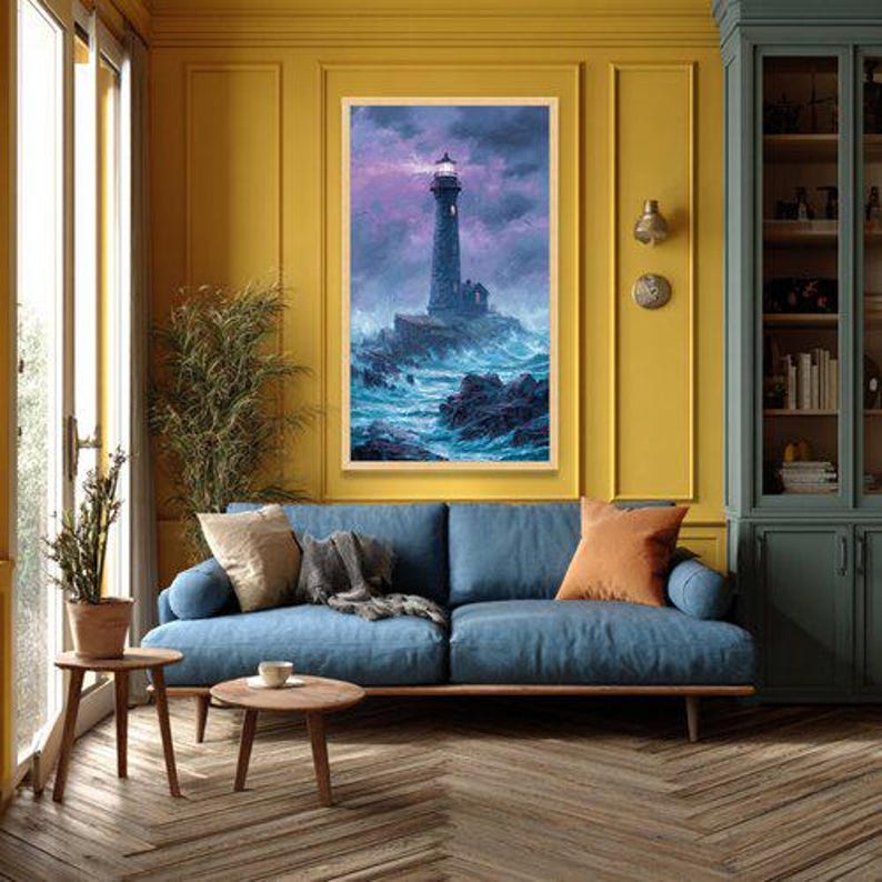 Dramatic Lighthouse Canvas Art, Stormy Sea Landscape, Coastal Ocean Painting image 3