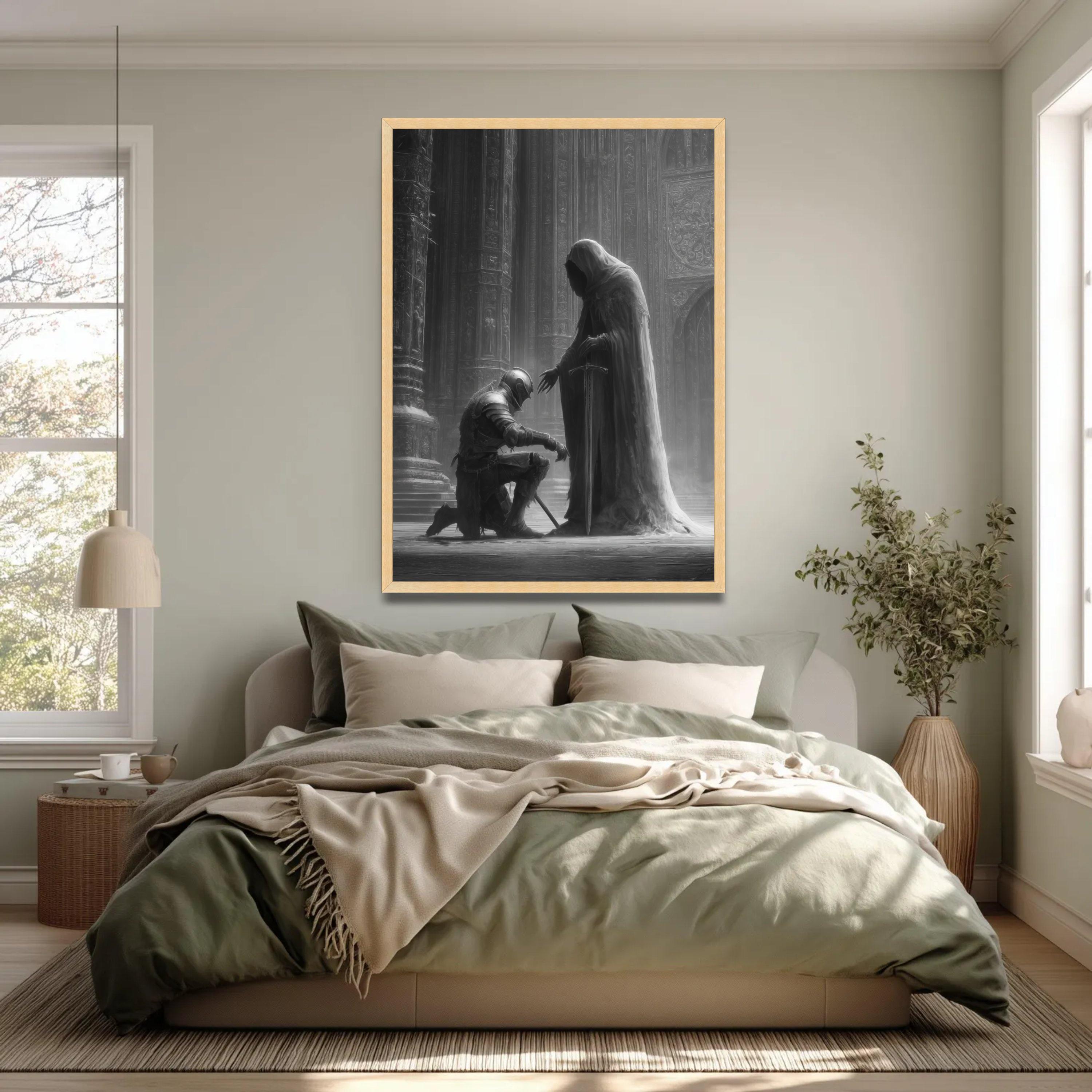 Medieval Knight Kneeling Dark Fantasy Canvas Art, Gothic Castle Sword ...