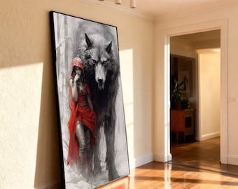 Red Riding Hood and Wolf Canvas: Dark Fantasy Gothic Wall Art