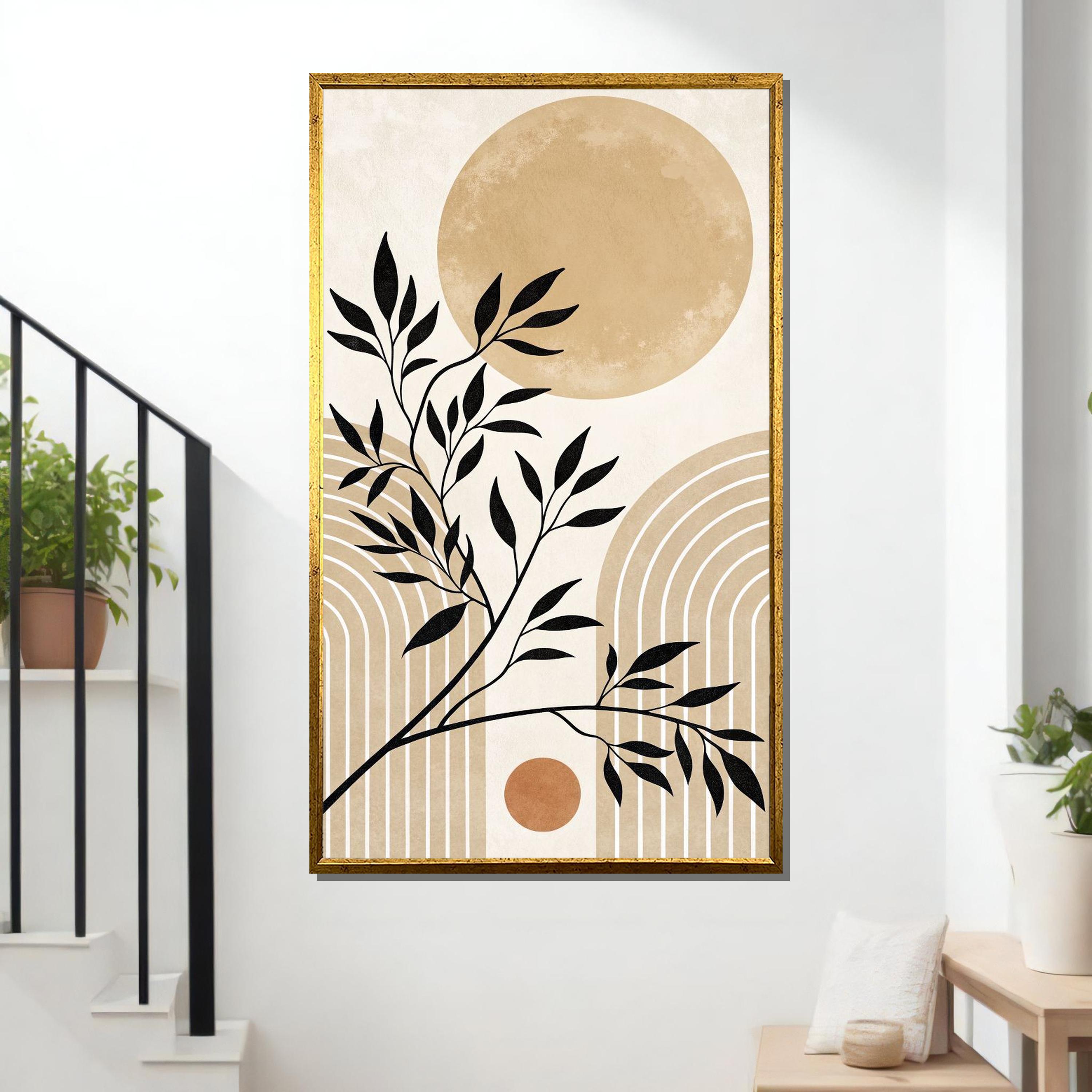 Minimalist Botanical Canvas Art: Neutral Beige & Black Leaf Print