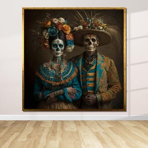 Dag van het dode stel canvas, dia de los muertos kunst, Mexicaanse schedelkunst, kleurrijke schedelprint, muurkunst canvasontwerp, klaar om op te hangen