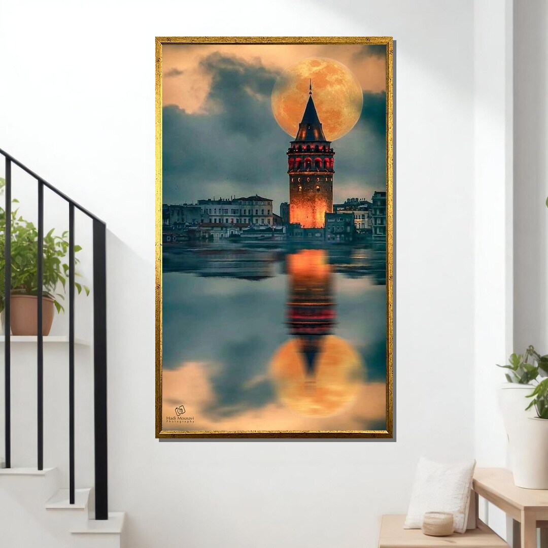 Galata Tower Moonrise Canvas, Istanbul Nightscape Art, Majestic Full ...