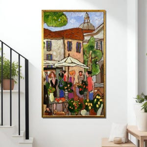 European Flower Market Canvas Print: Vibrant Town Square Wall Art
