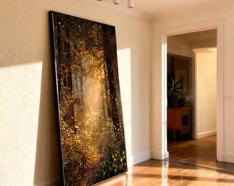 Magical Forest Path Canvas, Golden Light Woodland Landscape Print