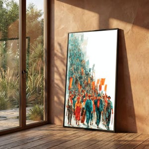 Retro Industrial Workers Marching Canvas Art, Labor Movement Protest Illustration image 1