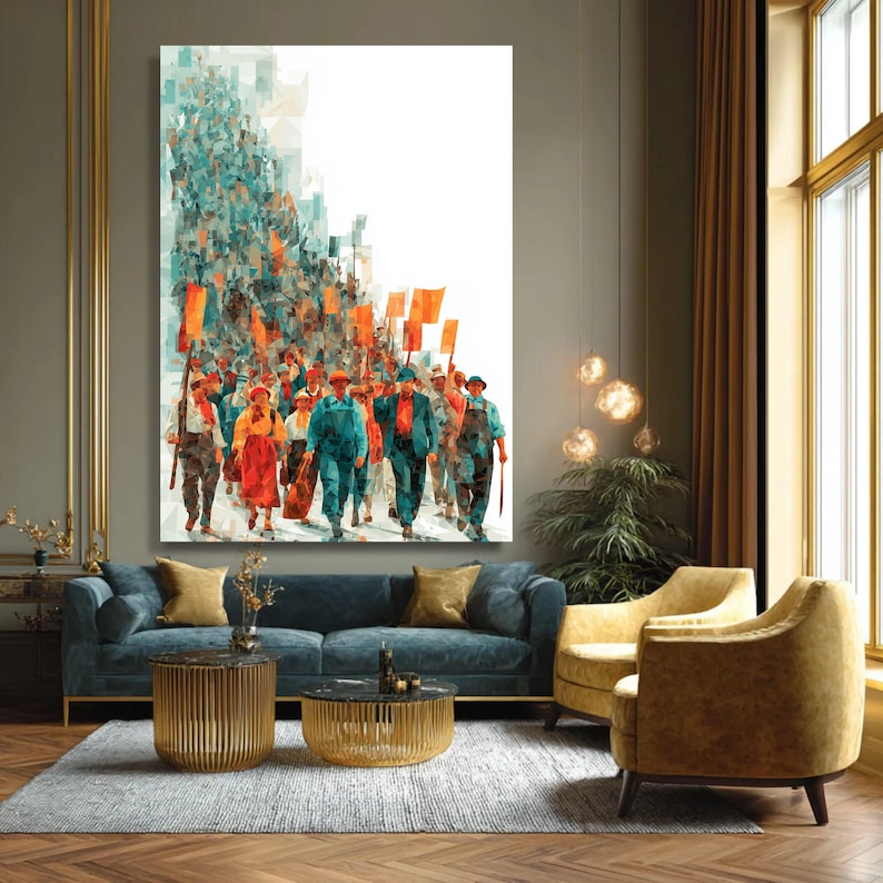 Retro Industrial Workers Marching Canvas Art, Labor Movement Protest Illustration image 7