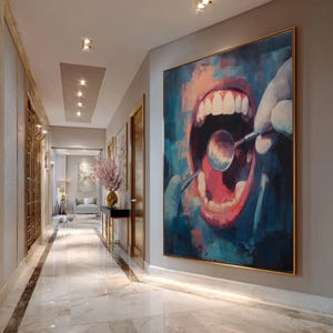 Könnte beinhalten: Ein großes rechteckiges Wandbild mit einem abstrakten Gemälde eines offenen Mundes mit sichtbaren Zähnen und einem Zahnarztspiegel, der von einer behandschuhten Hand gehalten wird. Das Kunstwerk verwendet kräftige Blau-, Rosa- und Rottöne.