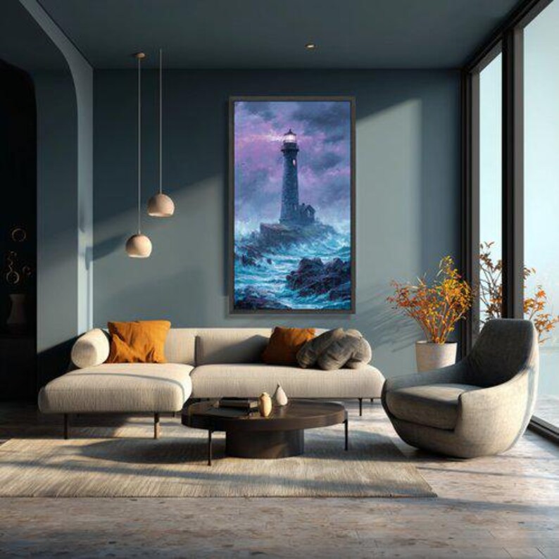 Dramatic Lighthouse Canvas Art, Stormy Sea Landscape, Coastal Ocean Painting image 2