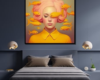 Surreal Goldfish Girl Canvas Art: Whimsical Fantasy Portrait