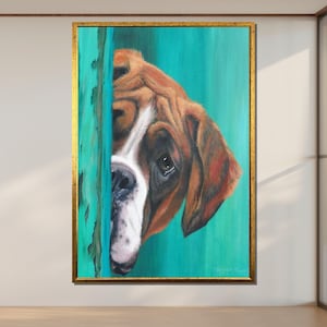 Curious Boxer Dog Canvas: Whimsical Peeking Pet Art