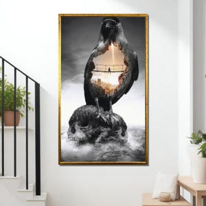 Surreal Raven and Skull Art, Dark Fantasy Wall Canvas, Mysterious Bridge Print, Gothic Home Decor, Ready to Hang Artwork