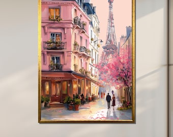 Puede incluir: Pintura enmarcada de una escena callejera parisina. La obra representa un edificio rosa con un café, gente caminando y la Torre Eiffel al fondo. La pintura está en un marco dorado.