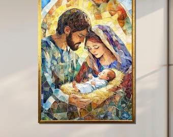 レア キリスト降誕 ヴィンテージ ステンドグラス 聖家族 イエス 聖書 美術館 聖家族：ステンドグラス風のキリスト降誕シーン - デジタル