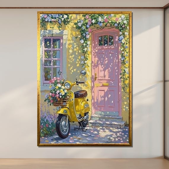 黄色いスクーターのキャンバスアート：フランスのコテージの花の街の