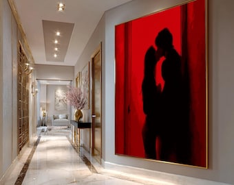 Sensual Kiss Canvas Art, Red Passion Couple Silhouette, Bold Bedroom Wall Decor