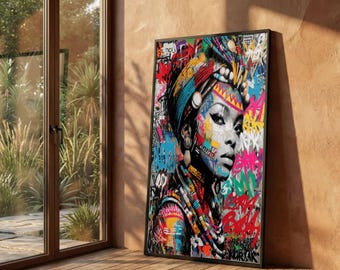 Vibrant African Woman Portrait Canvas, Graffiti Tribal Beaded Art, Urban Wall Decor
