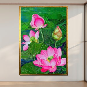Lienzo de flor de loto rosa, arte floral de la pared, impresión del jardín botánico, cartel de la naturaleza, diseño de lienzo de arte de la pared, decoración lista para colgar