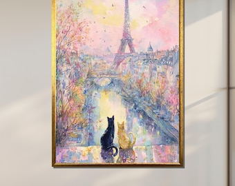 パリでのロマンチックな猫の冒険、エッフェル塔の横の猫の絵、抽象的な