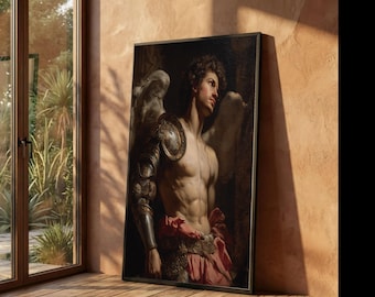 Baroque Angel Warrior Canvas, Renaissance Armor Wall Art, Mythical Figure Painting