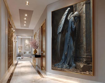 Lienzo con estatua de ángel doliente, arte mural gótico para cementerio, impresión de escultura en tonos azules