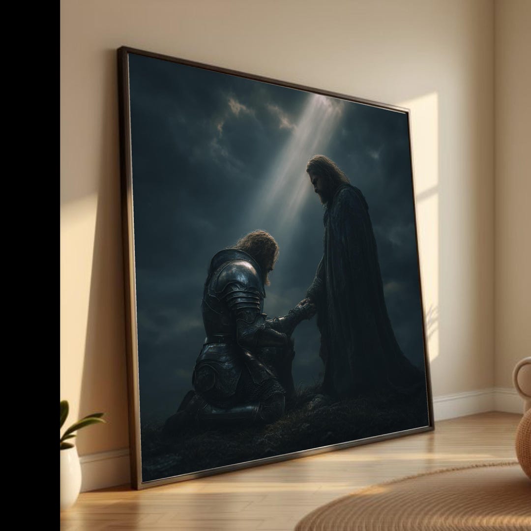 Knight Kneeling Medieval Armor Canvas, Dark Fantasy Light Beam Wall Art ...