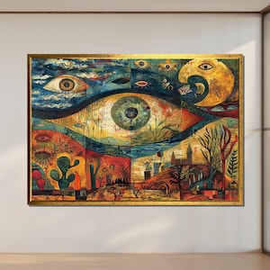 Abstract Surrealist Eye Canvas, Visionary Art Print, Mystical Dreamscape Wall Art, Psychedelic Eye Design, Symbolic Fantasy Decor, Ready