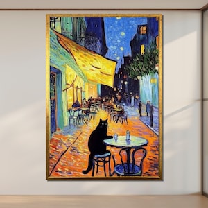 Van Gogh Cat Cafe Canvas Art: Starry Night Feline Print
