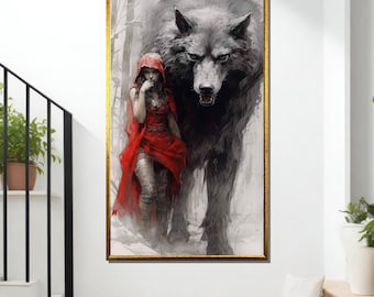 Red Riding Hood and Wolf Canvas: Dark Fantasy Gothic Wall Art
