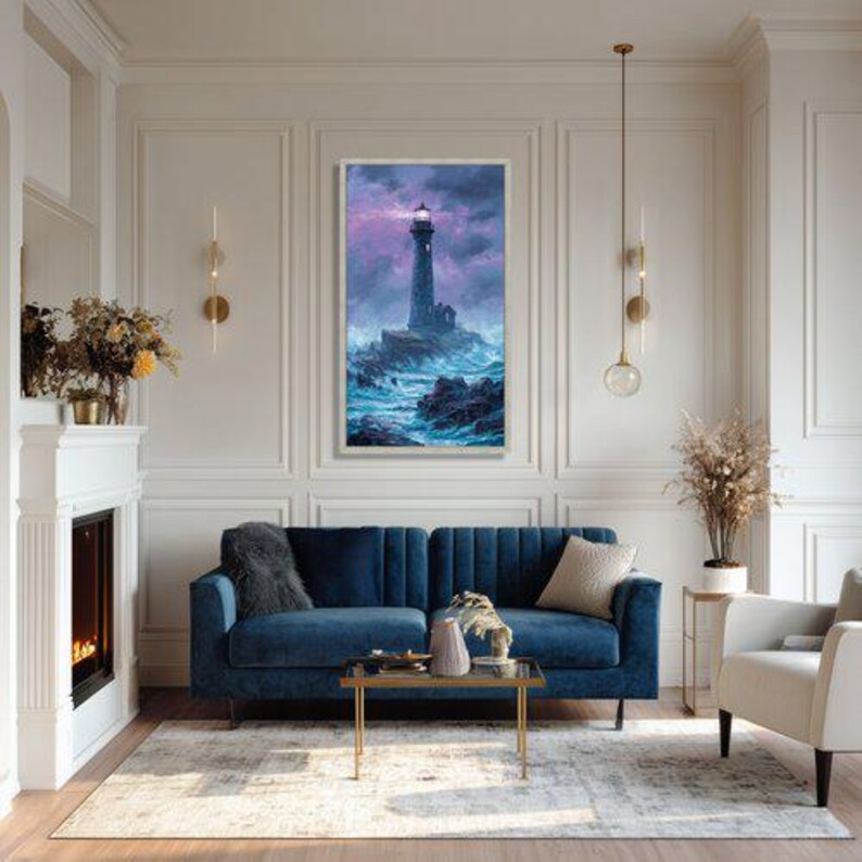 Dramatic Lighthouse Canvas Art, Stormy Sea Landscape, Coastal Ocean Painting image 4