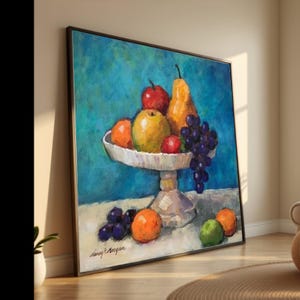 Classic Fruit Still Life Canvas Art, Grapes Pear Apple Kitchen Decor Painting image 1