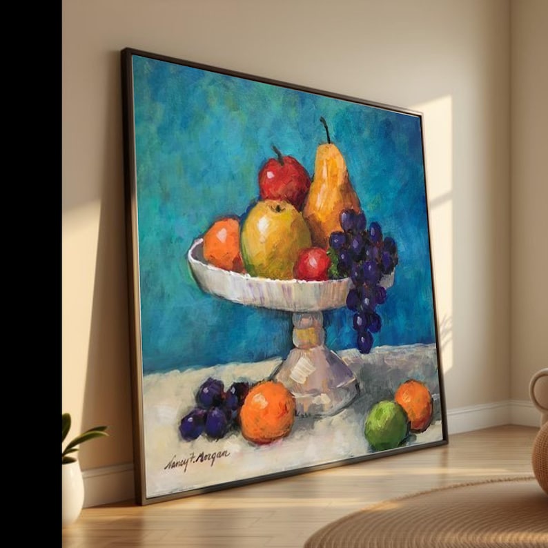 Classic Fruit Still Life Canvas Art, Grapes Pear Apple Kitchen Decor Painting image 1