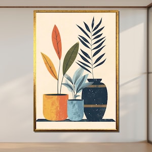 Bunte Pflanzentöpfe Leinwand Kunst: Mid-Century Modern Botanischer Druck