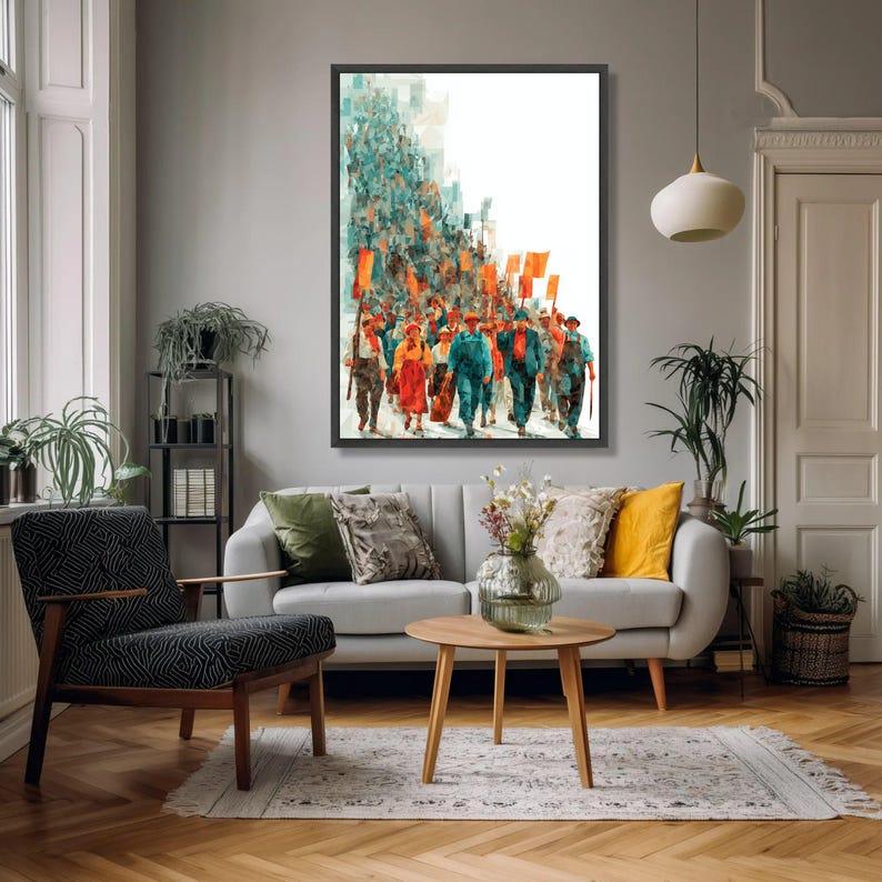 Retro Industrial Workers Marching Canvas Art, Labor Movement Protest Illustration image 2