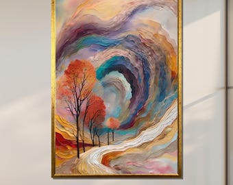 Whimsical Autumn Swirl Art, Abstract Landscape Canvas, Vibrant Nature Painting, Dreamy Tree Road Decor, Ready To Hang Artwork