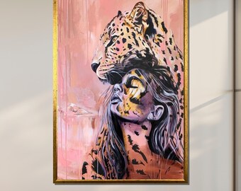 Wild Connection Canvas Art, Leopard Woman Portrait, Animal Spirit Wall Decor, Ready to Hang