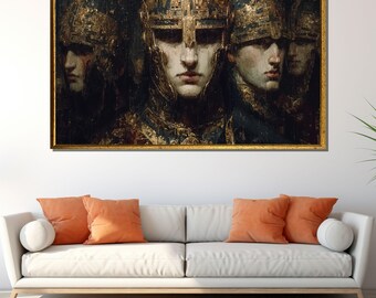 Gothic Warrior Knights Canvas, Golden Helmet Medieval Wall Art
