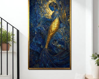 Golden Mermaid Canvas Print, Enchanted Ocean Wall Art