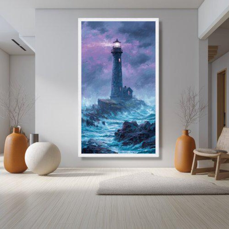 Dramatic Lighthouse Canvas Art, Stormy Sea Landscape, Coastal Ocean Painting image 5
