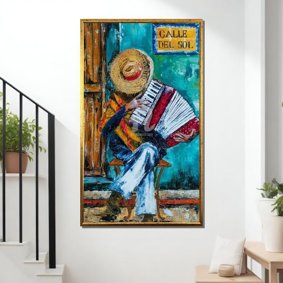 Latin Street Musician Canvas Art: Calle Del Sol Accordion Painting