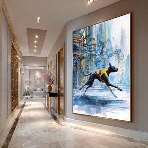 Cybernetisk vinthund i futuristisk stadslandskap Canvas, Sci-Fi-djurväggkonst, Modern urban digital målning, Klar att hänga heminredning