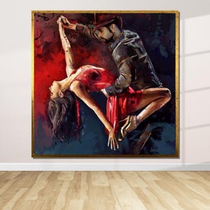 Lienzo de tango apasionado: baile sensual con vestido rojo, arte mural romántico