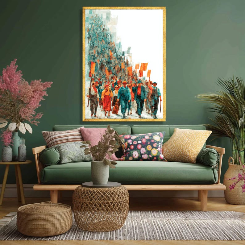 Retro Industrial Workers Marching Canvas Art, Labor Movement Protest Illustration image 4
