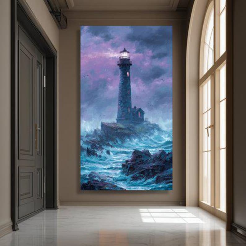 Dramatic Lighthouse Canvas Art, Stormy Sea Landscape, Coastal Ocean Painting image 7